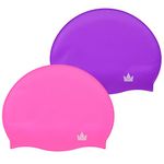 THE FRIENDLY SWEDE Silicone Swim Caps for Adults and Kids, Short hair (2 Pack) (Hot Pink + Purple)