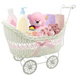 SAFRI Baby Pram Hamper Wicker Toy Basket with Handles and Wheels Great Gift for Boy & Girl Baby Showers or Newborn Baby Gifts (Pink)