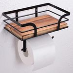 AIDILI Rustic Farmhouse Toilet Paper Holder with Shelf - Farmhouse Bathroom Rustic Country Decor - Rustic Bathroom Accessories with Warm Brown Wood Shelf for Wipes&Cell Phone&Reading, Black Metal