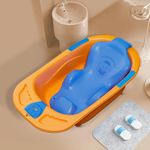 StarAndDaisy Baby Bath tub for 0 to 5 Years with Temperature Sensor/Bath Tub for Kids with Anti-Slip Legs/Bathtub for Baby with Baby Bather -Without Wheel(Orange-Blue)