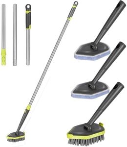 Masthome Floor Scrubbing Brush with Long Handle, Shower Cleaning Brush, Long Handled Scrubbing Brush with 3 Rotating Brush Heads & Stiff Bristles for Indoor Outdoor Bathroom Patio Cleaning