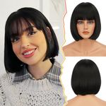 BARSDAR Short Bob Wig with Bangs - 12 Inch Short Black Bob Wig With Bangs for Women - Straight Short Bob Wig Soft Synthetic Hair Replacement Wig Gifts Daily Cosplay Halloween- Natural Black