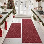 COSY HOMMER 2 Pack Nonslip Kitchen Rug Set, 100% Polyester Absorbent Soft Kitchen Floor Mats Carpet Rug Mat Runners,Machine Washable & Anti-skid TPR Backing, 61x90cm+61x152cm, Red