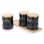 BTSKY Black Ceramic Sugar Coffee Tea Canisters with Lid and Tray - Airtight Set of 3 Storage Canisters Food Storage Containers Pots Jars with Bamboo Lid for Kitchen Counter