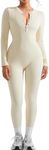 SUUKSESS Women Long Sleeve Ribbed Workout Jumpsuit Seamless One Piece V Neck Button Down Yoga Jumpsuits (Apricot,M)