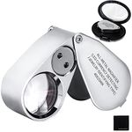 40X Metal Pocket Magnifier with Lights - Slivery Foldable LED Illuminated Jewellers Magnifying Glass Portable Eye Loupe for Jewelry Plants Coins Gems Watches Stamps OS16