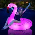 FlyfreeU Inflatable Flamingo Pool Float with Lights, Solar Powered Floaties Swim Tube Rings, 42'' Large Beach Tubes Fast Valves, Summer Raft Lounger for Adults. Pink (CT258)