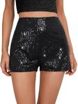 SweatyRocks Women's Sequins High Elastic Waist Straight Leg Shorts Solid Glitter Party Shorts Black L