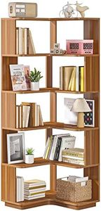 LITTLE TREE 6-Shelf Corner Bookshelf, 65” Tall L Shaped Bookcase, 6-Tier Industrial Corner Shelf Storage Display Rack for Living Room Home Office, Wood Grain Walnut