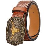 Western PU-Leather Cowboy Cowgirl Buckle Belt for Men Women Jeans - Engraved Floral Golden Longhorn Bull Texas Buckle Belt