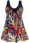 wantdo Women's High Waist Swim Suit Plus Size Bathing Suits Tummy Control with Short Feather 16-18