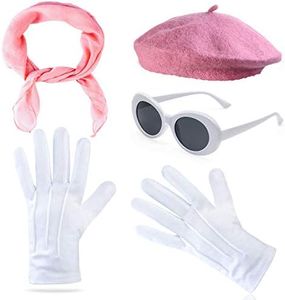 Beelittle Womens Costume Accessories - French Beret Hat,50s Sheer Chiffon Scarf,Deluxe Theatrical Gloves,White Clout Goggles Retro Oval Sunglasses (Pink)