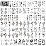 Acevegue 100 Sheets Tiny Branch Temporary Tattoos for Women Girls, Semi Permanent Black Flowers Wild Plant Rose Dandelion Butterfly Stickers, Realistic Small Fake Tattoos for Adults and Kids