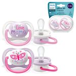 Philips Avent Ultra Air Pacifier, for 0-6m, Orthodontic & BPA-, 2 pcs, Including Sterilizer/Carrying Case, SCF080/02, Pink and Purple