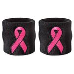 Suddora Pink Ribbon Wristbands - Breast Cancer Awareness Sweatband Pairs (Black)