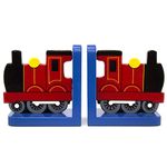 Red Train On Blue Wooden Bookends For Kids | Childrens Book Ends | Book Stoppers For Shelves, Kids Room or Nursery Decor - Hand Made in UK