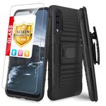 TJS Phone Case Compatible with Samsung Galaxy A50/Galaxy A30/Galaxy A20, [Tempered Glass Screen Protector] Belt Clip Holster Magnetic Support Hybrid Kickstand Heavy Duty Cover (Black)