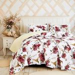 Tache Red Floral Vintage White Quilt - Rose Garden Golden Hummingbirds Burgundy Ivory Antique Farmhouse Spring Country Rustic Pastel Yellow Reversible Quilted Bedspread Set, California King