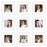 BSRHOME 12x12 White Picture Frame Set of 9,Display Pictures 8x8 with Mat or 12 x 12 without Mat,Multi Collage Gallery Square Photo Frames for Wall or Tabletop