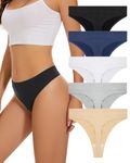 VOENXE High Waisted Seamless Women Underwear Thongs,High Rise No Show Ladies Knickers,Breathable Comfortable Brazilian Tangas Panties Undies 5-Pack Assorted
