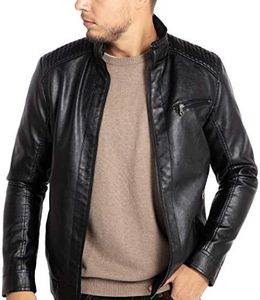 WULFUL Men's Stand Collar Leather Jacket Motorcycle Lightweight Faux Leather Outwear, Black1301, Large