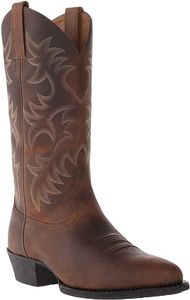 XBTEVUDAK Mens Brown Cowboy Boots Classic Embroidered Snip Toe Wide Calf Mid-Cylinder Leather Country Western Boots Men's Work Boots
