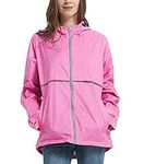 Mywu Pink Women Hooded Rain Jacket Windbreaker Outdoor Lightweight Raincoats Dark Pink Size M