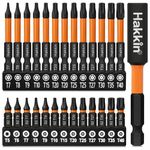 Torx Bit Set Hakkin 27Pcs Torx Screwdriver Sets S2 Steel Tamper Proof Torx Bits 1/4” Hex Shank 25mm 60mm Magnetic Star Security Bits with 75mm Bit Extension Holder for Screwdriver, Impact Drill T5-T40