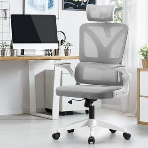 OIKITURE Office Chair with Armrest - Adjustable Seat Height & Headrest, Swivel Computer Desk Chair Breathable Mesh Ergonomic Arched Backrest, Easy Assemble, Capacity 150KG, White