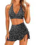 Yonique Womens High Waisted Bikini with Skirt Two Piece Swimsuit with Tummy Control Halter Bathing Suit, Black and White Dot, Medium