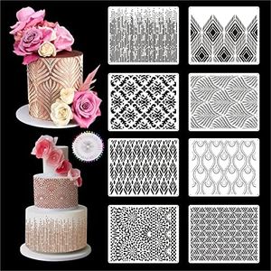 DI QIU REN 8PCS Cake Decorating Stencils & Templates, 8x9.8Inches Large Floral Cake Printing Fine Hollow Lace Cookie Fondant Dessert Cake Templates, Side Baking Mesh Stencil Tool for Cake Decor