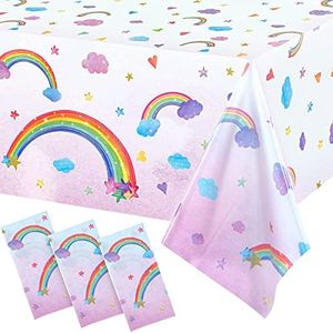 Rainbow Tablecloths Disposable Plastic Rainbow Waterproof Table Cover Rectangular Rainbow Clouds Fiesta Carnival Table Covers for Birthday Party Supplies Decorations Supplies, 108 x 54 Inches (3 Pcs)