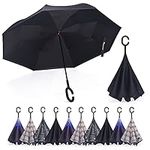 SY COMPACT Inverted Umbrella Windproof Double Layer Reverse Umbrellas with C-Shaped Handle Straight Umbrella for Car Rain(Black)