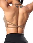 YEOREO Charly Women's Sports Bra Strappy Criss Cross Back Bra Backless Removable Padded Yoga Crop Top Print Brown S