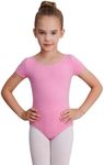 WEGETIT Gymnastics Leotards for Girls Ballet Dance Toddler Leotard Short Sleeve Bodysuit, Neon Pink, 2-4 Years