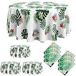 Oudain 6 Pieces Hawaiian Tablecloth 84 Inch Luau Tropical Flower Round Table Cloth Plastic Disposable Palm Summer Table Cover for Beach Birthday Kid Party Decorations Supplies (Fresh Style)