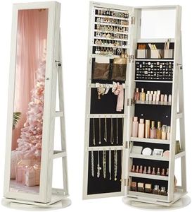 SONGMICS 360° Swivel Jewelry Cabinet, Lockable Jewelry Organizer with Full-Length Mirror, Rear Storage Shelves, Interior Mirror, Jewelry Armoire, Christmas Gifts, White with Gray Wood Grain UJJC006W01