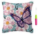 Latch Hook Kits for Adults, DIY Latch Hook Butterfly Pillow, Crochet Yarn Kit for Beginners, Making Needlework Crafts Cover Case with Printed Canvas, 17x17 inch