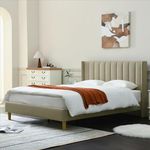 YUHUASHI upholstered Platform Bed Frame/Twin Bed Frame/Modern Geometric Double-Wing Design headboard/Flannel and Linen Fabric/Easy to Assemble no Noise (Beige, Queen (U.S. Standard))