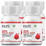 INLIFE Chelated Iron Folic Acid Supplement with Vitamin C, E, B12, Zinc & Selenium for Men Women - 60 (Pack of 4, 240)