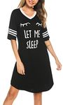 Vlazom Women's Nightdresses Soft Boyfriend V Neck Sleep Shirt Short Sleeves Nightshirt Oversized Nightgown Loungwear Sleepwear,Y-Black,XXL