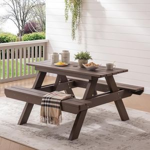ACUEL Picnic Table for Outdoors, Poly Lumber Picnic Table & Bench Set with Umbrella Hole, Weather Resistant, Heavy Duty Picnic Rectangle Table for Patio, Garden, Lawn, Yard, Large Size 49x 47 (Brown)