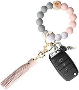 flintronic Pulsera de Silicona para Llavero, Pulsera con Borla de Cuero, Llavero de Silicona con Cuentas Eásticas para Mujeres y Niñas/Amigos,/Familia-Borla-Rosa