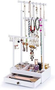 Love-KANKEI Necklace Holder Jewelry Tree Stand Adjustale Height with Large Storage for Necklaces Bracelets Earring Rings Drawer Jewelry Organizer Jewelry Display White