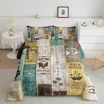 Rustic Windmill Farmhouse Bedding Set For Bedroom, Vintage Country Western Farm Cow Comforter Set Queen, Country Barn Door Wooden Plank Quilt Sunflower Butterfly Rooster Down Comforter Western Decor