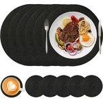 HNVNER Black Round Placemats and Coaster Set of 6, Woven Table Mats Washbale Heat Resistant Place Mats for Dining Table