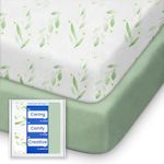 Pack N Play Sheets Fitted for Girls Boys, TotBasic Boho Mini Crib Sheets for Pack and Play/Mini Crib Mattress, Premium Soft Stretchy Jersey for Breathable Comfort - 2 Pack (Sage Green&Botanical Leaf)