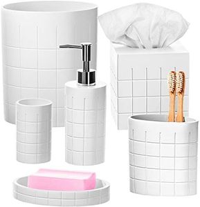 Creative Scents White Bathroom Accessories Set with Trash Can - 6 Piece Bathroom Set Features: Waste Basket, Tissue Cover, Soap Dispenser, Toothbrush Holder, Tumbler and Soap Dish (Polar Collection)
