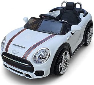 SRECAP Mini Coper Electric Ride on Car for Kids with Rechargeable 12V Battery, Music, Lights and Swing. (White)