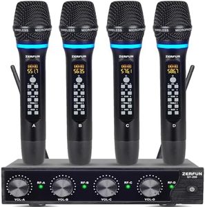 ZERFUN 4 Channel Rechargeable Wireless Microphone System, Pro UHF Metal Handheld Wireless Microphones Cordless Mics with Echo Treble BASS VOL Channel Control for Karaoke Singing Church(GT-200)